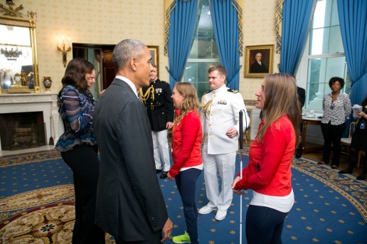 President Barack Obama greets the 2016 Paralympians and Olympians in the Blue Room, Sept. 29, 2016, prior to an event to welcome the 2016 U.S. Olympic and Paralympic teams to the White House to honor their participation and success in the 2016 Olympic games in Rio de Janeiro, Brazil. (Official White House Photo by Lawrence Jackson) This photograph is provided by THE WHITE HOUSE as a courtesy and may be printed by the subject(s) in the photograph for personal use only. The photograph may not be manipulated in any way and may not otherwise be reproduced, disseminated or broadcast, without the written permission of the White House Photo Office. This photograph may not be used in any commercial or political materials, advertisements, emails, products, promotions that in any way suggests approval or endorsement of the President, the First Family, or the White House.